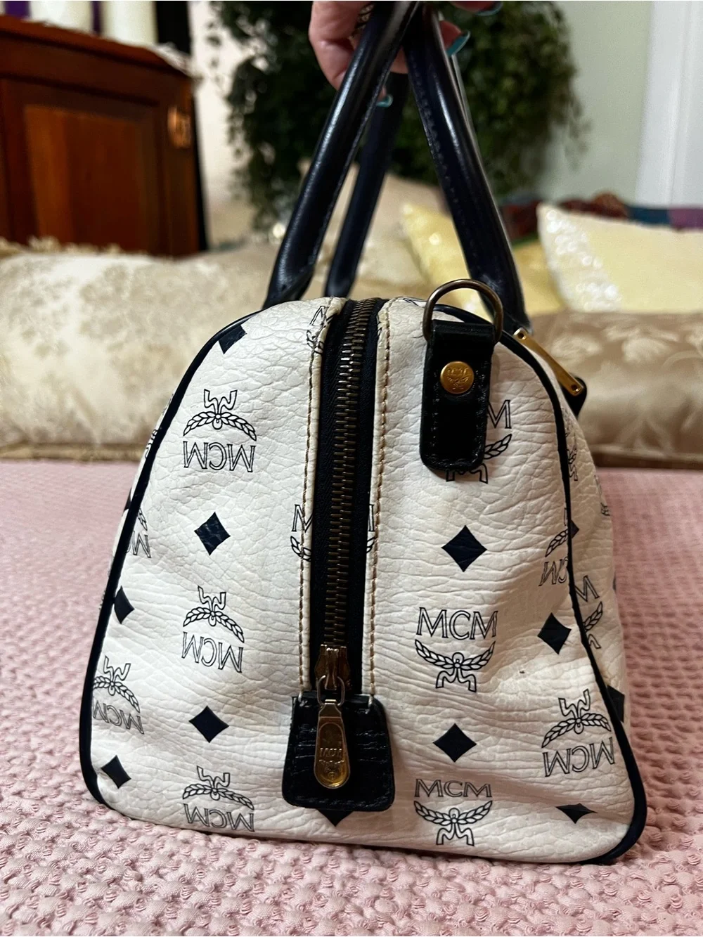 MCM Vintage White Visetos Boston Satchel Bag Navy Leather Gold Hardware